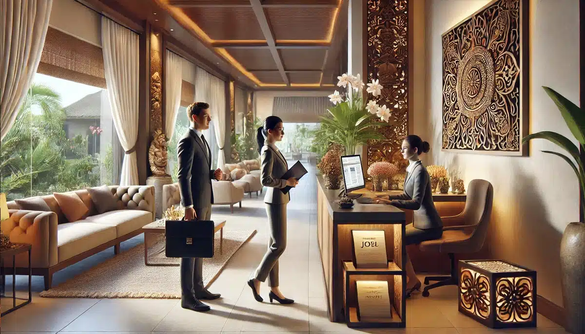 Dua orang sedang melamar pekerjaan di hotel atau villa di Bali
