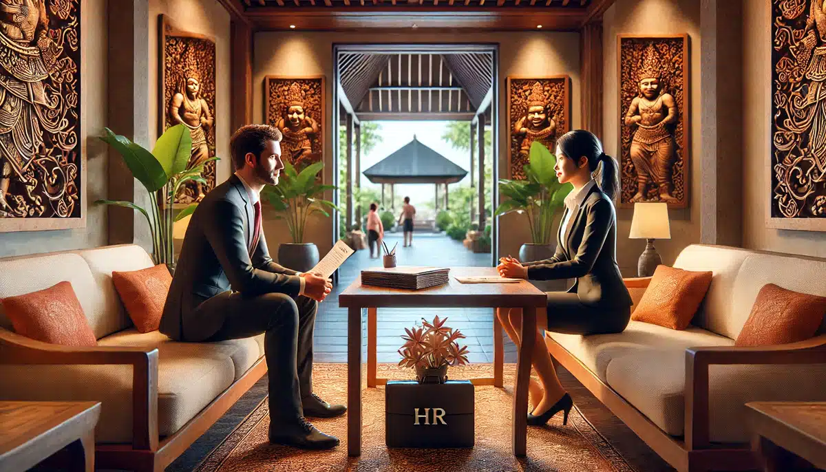 Seorang pelamar dan HR manager terlibat dalam percakapan