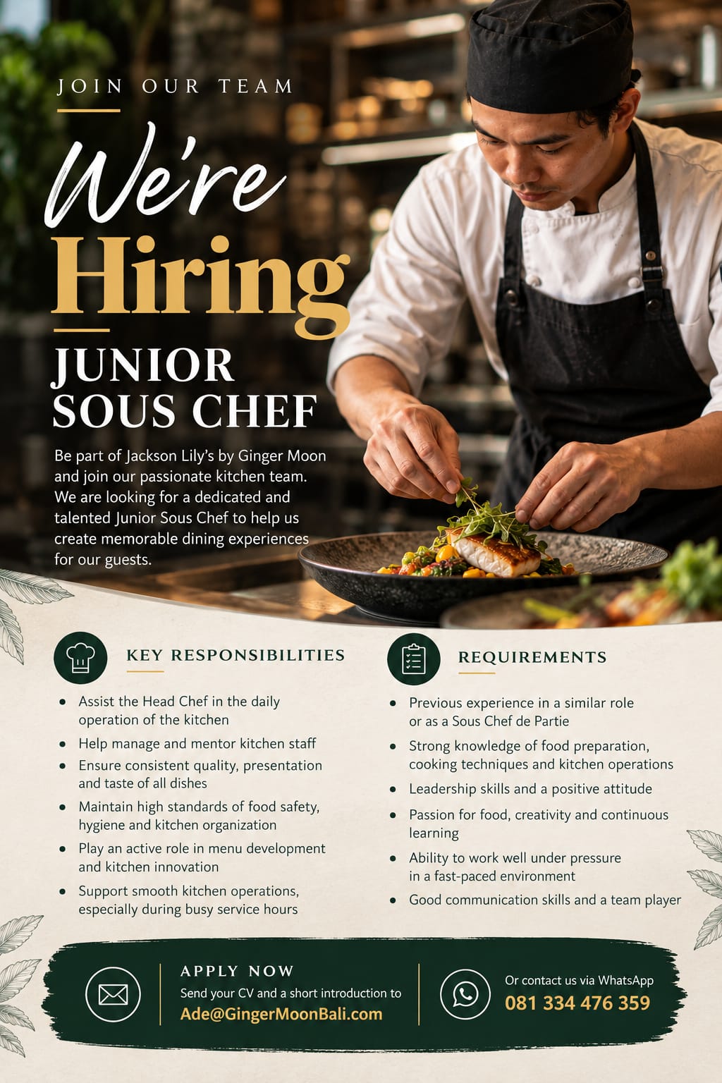 Jackson Lily’s by Ginger Moon is hiring a Junior Sous Chef