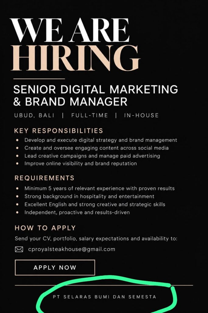 PT Selaras Bumi dan Semesta — Senior Digital Marketing & Brand Manager, Ubud, Bali
