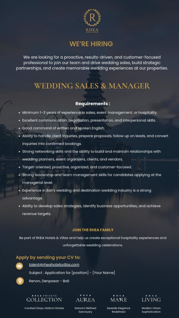 RHEA Hotels & Villas — Wedding Sales & Manager vacancy in Renon, Denpasar