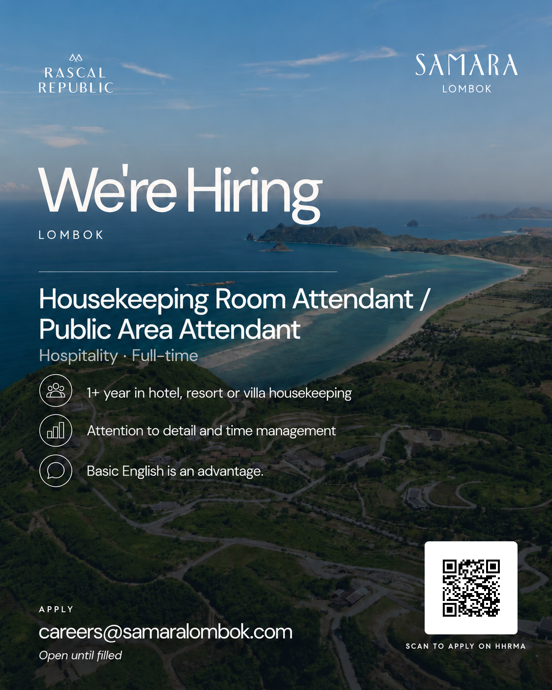 Samara Lombok — Housekeeping Room Attendant / Public Area Attendant recruitment banner with QR to this job