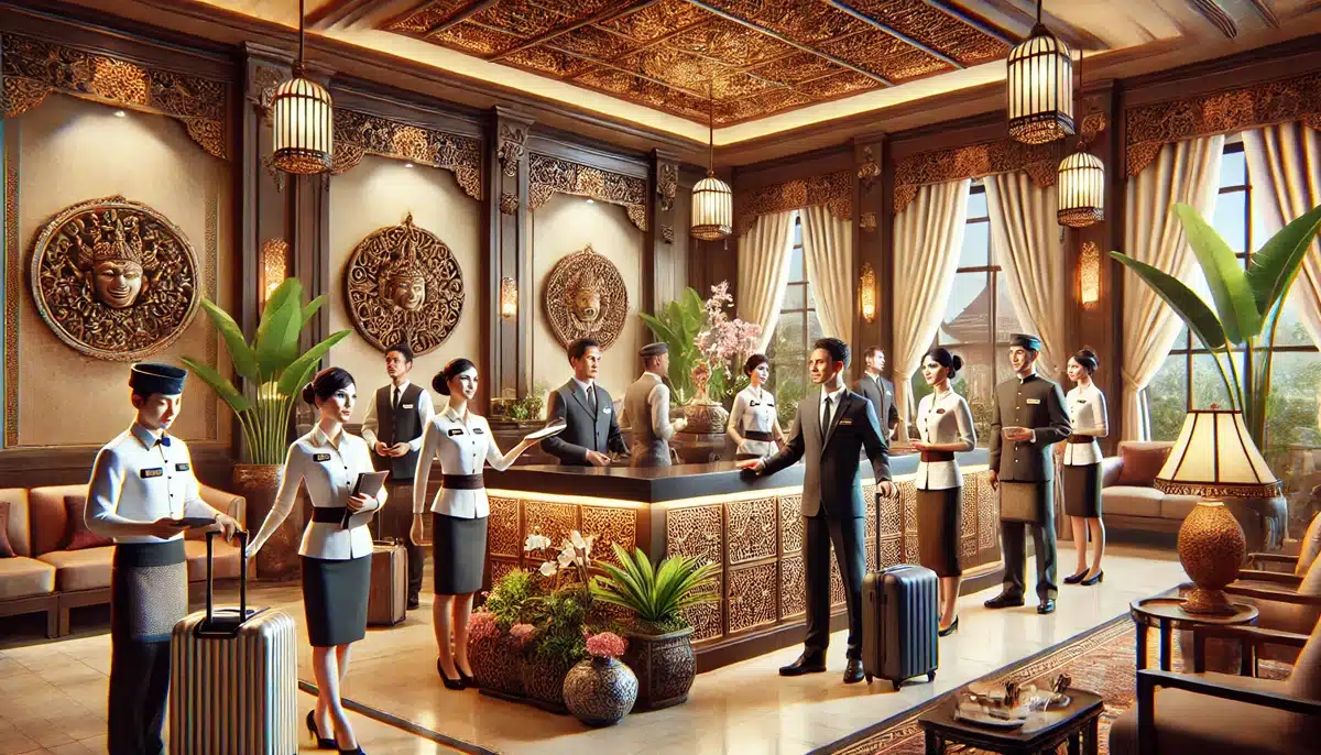 Beberapa anggota staf hotel terlibat interaksi dengan tamu
