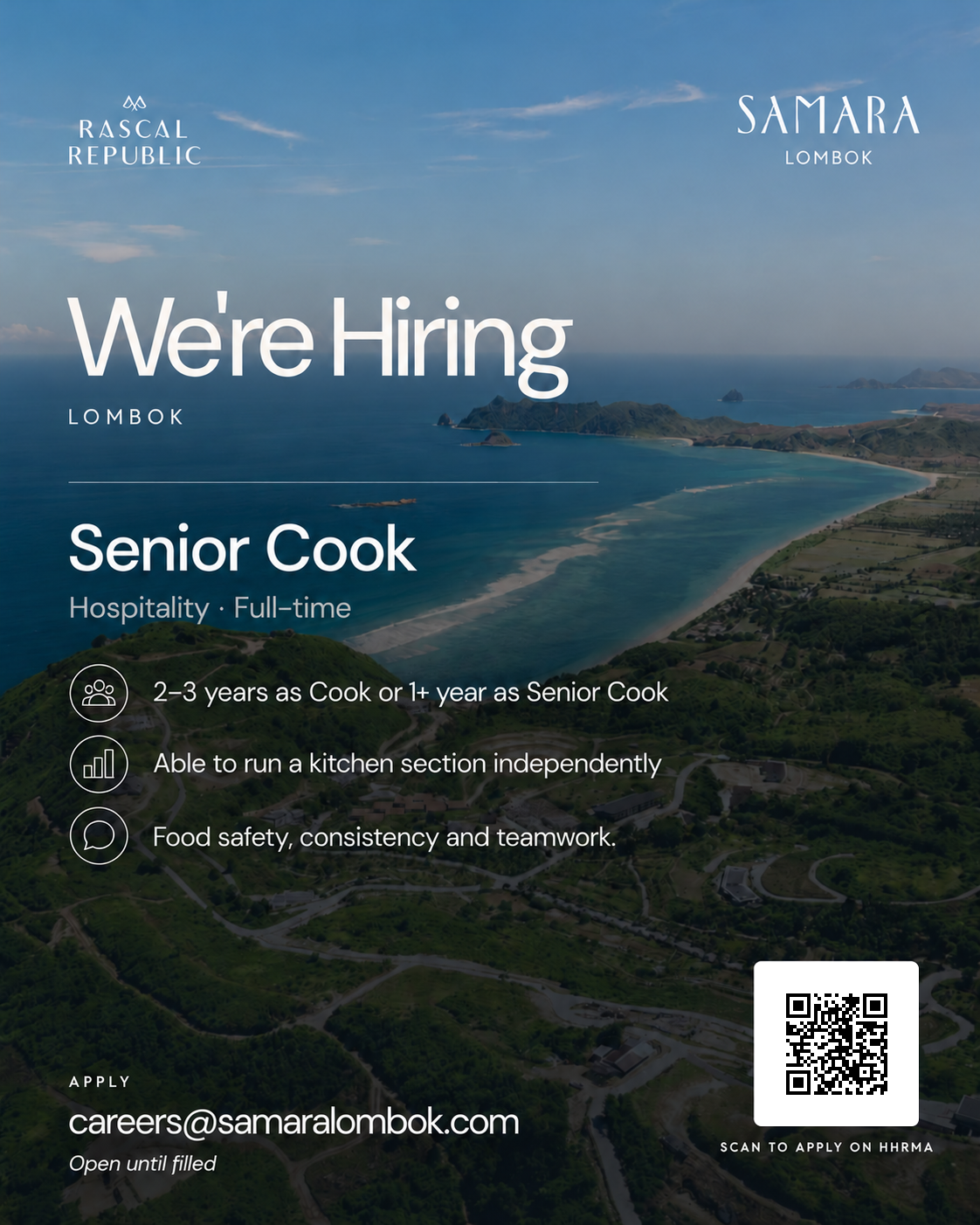 Samara Lombok — Senior Cook recruitment banner with QR to this HHRMA job