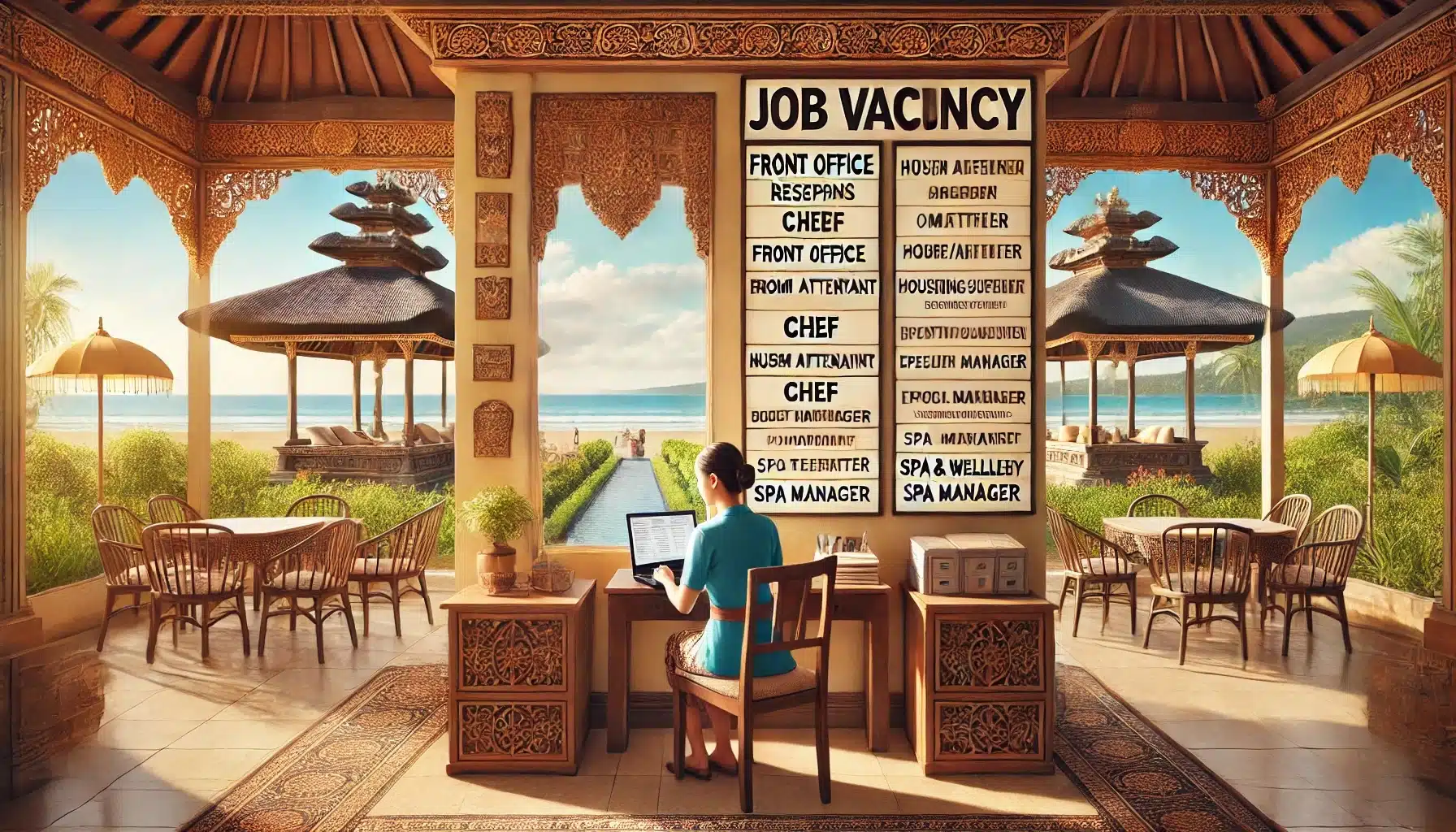 A Balinese person working on a laptop in a traditional job office with hospitality job vacancy boards.